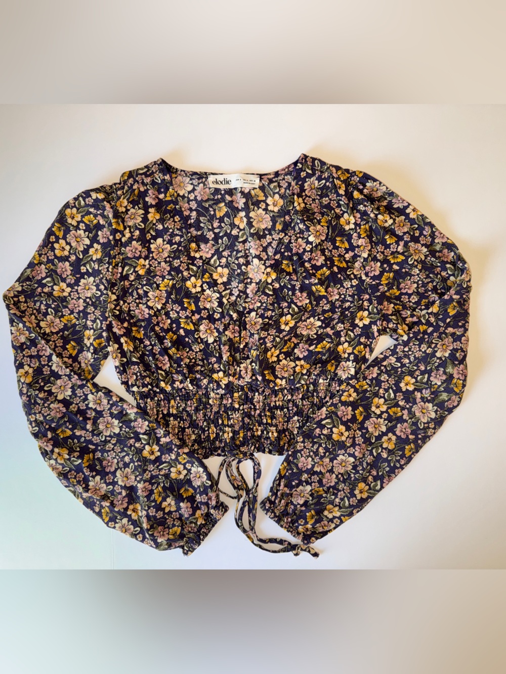 Floral Smocked V-neck Cropped Long sleeve Top  - Navy/Pink